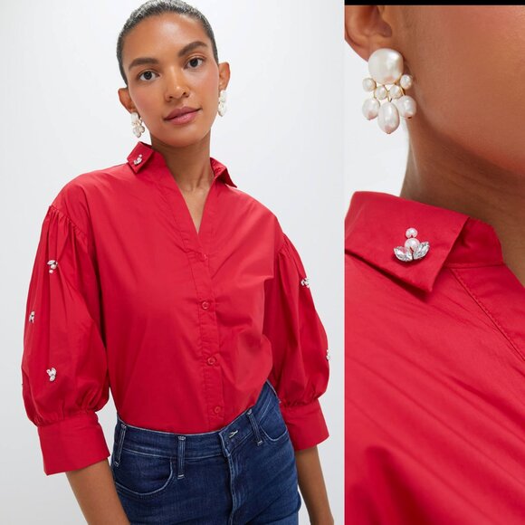 The Shirt by Rochelle Behrens NEW Exclusive Red Bara with Rhinestone Sleeves L